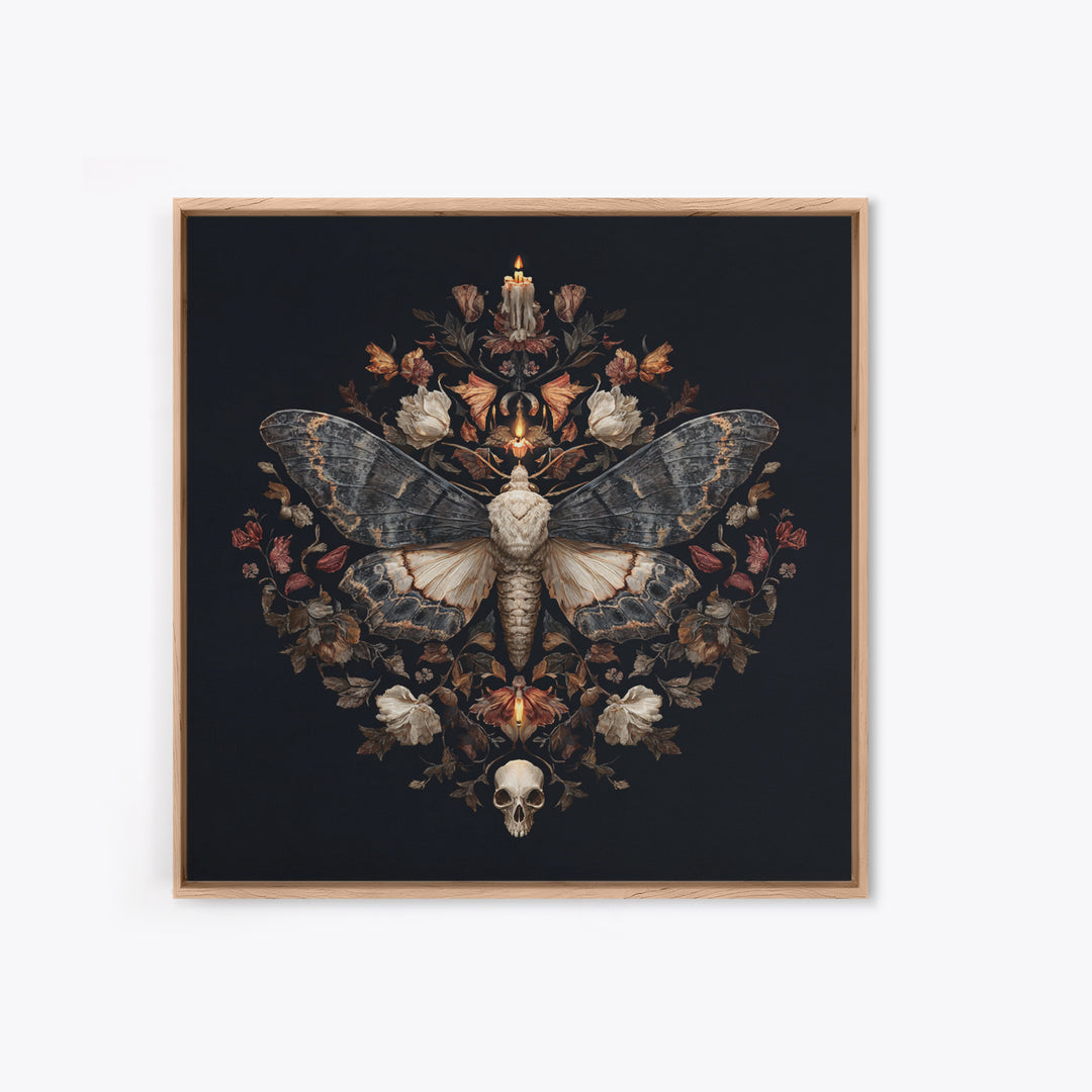 Moth and Skull Composition on Black Velvet Framed Canvas Print, Gothic Art, Gothic Wall Art, Living Room Decor, Gothic, GOT-1x1-39