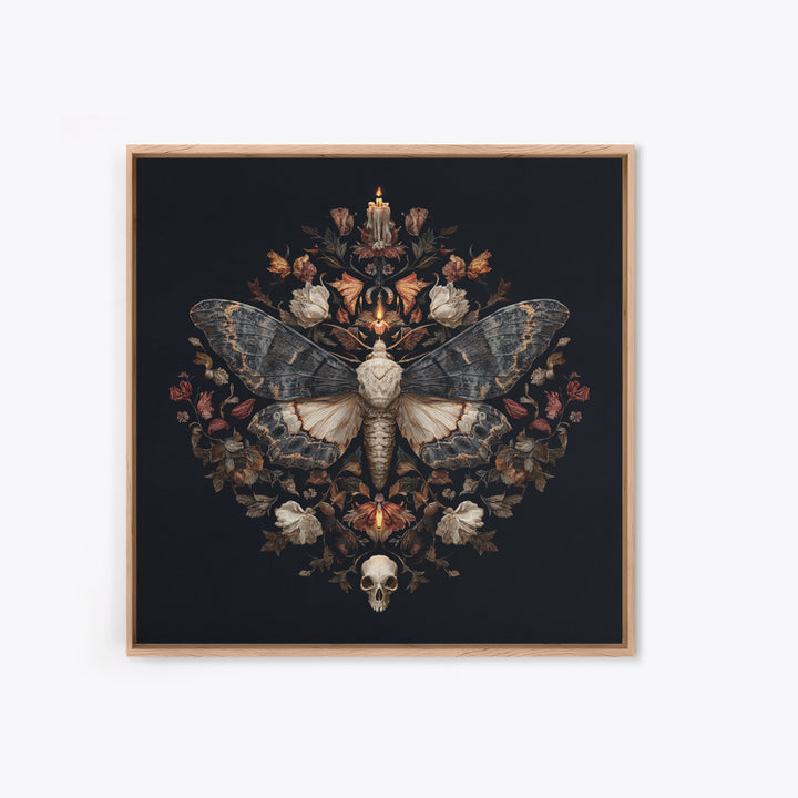 Moth and Skull Composition on Black Velvet Framed Canvas Print, Gothic Art, Gothic Wall Art, Living Room Decor, Gothic, GOT-1x1-39