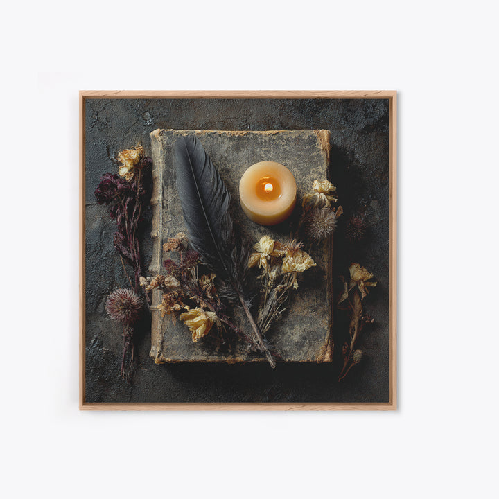 Candlelit Book and Dried Flowers Still Life Framed Canvas Print, Gothic Art, Canvas Painting, Living Room Decor, Gothic, GOT-1x1-42