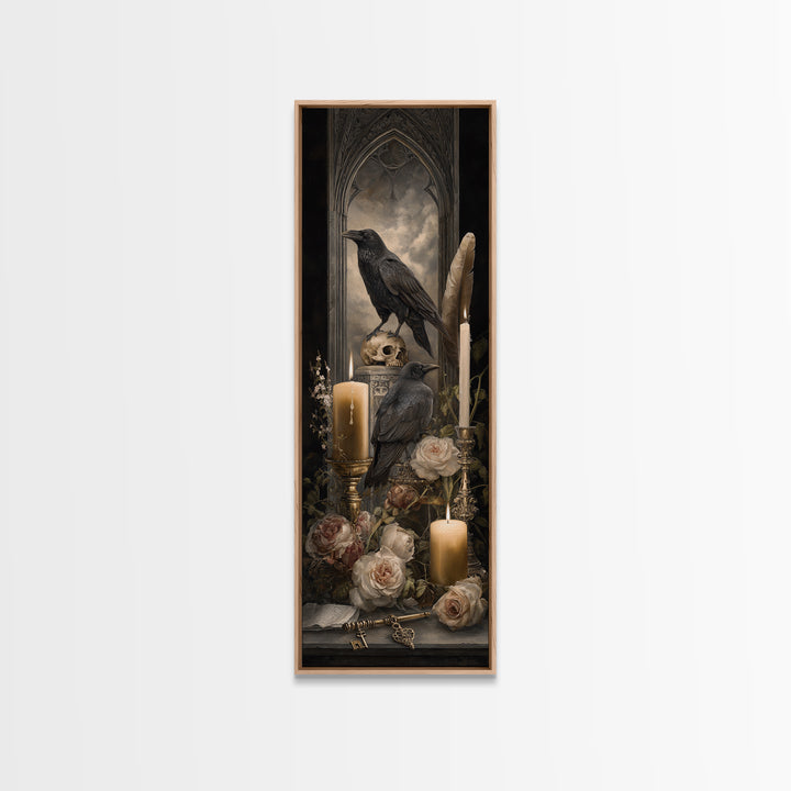 Crow Feathers and Antique Key Still Life Canvas Print, Gothic Art, Art Nouveau, Living Room Decor, Gothic, Dark Academia Art, GOT-1x3-72
