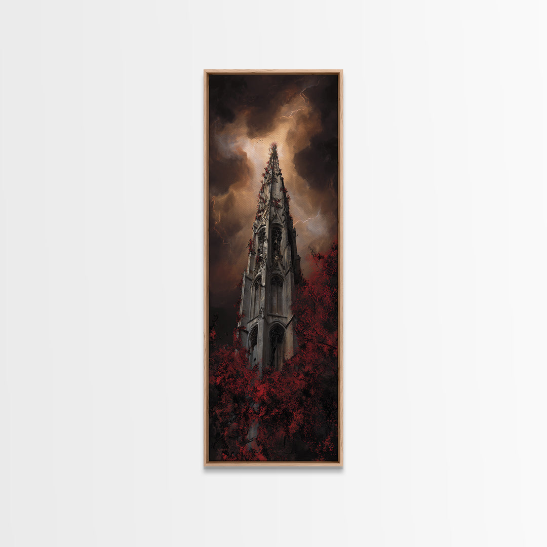 Cathedral Spire Beneath Lightning Clouds Framed Canvas Print, Gothic Art, Black and White Art, Living Room Decor, Gothic, GOT-1x3-74