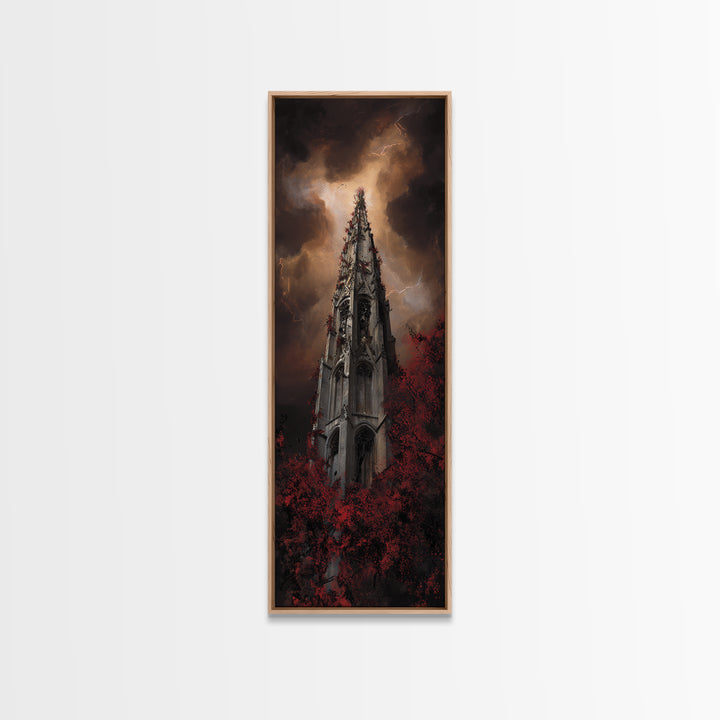 Cathedral Spire Beneath Lightning Clouds Framed Canvas Print, Gothic Art, Black and White Art, Living Room Decor, Gothic, GOT-1x3-74