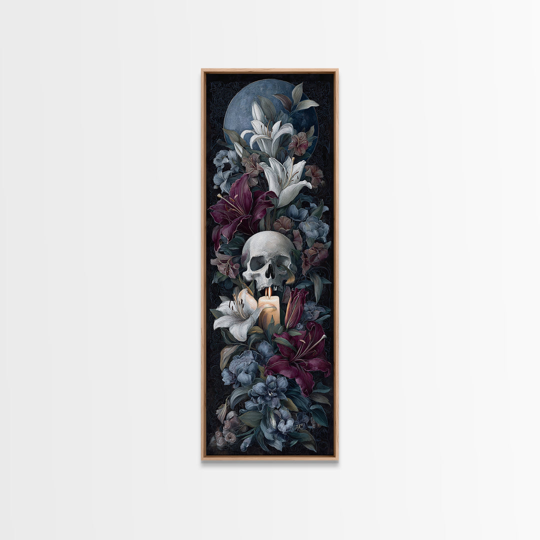 Skull Surrounded by Lilies and Candles Canvas Print, Gothic Art, Halloween Art, Living Room Decor, Gothic, Neutral Decor, GOT-1x3-89