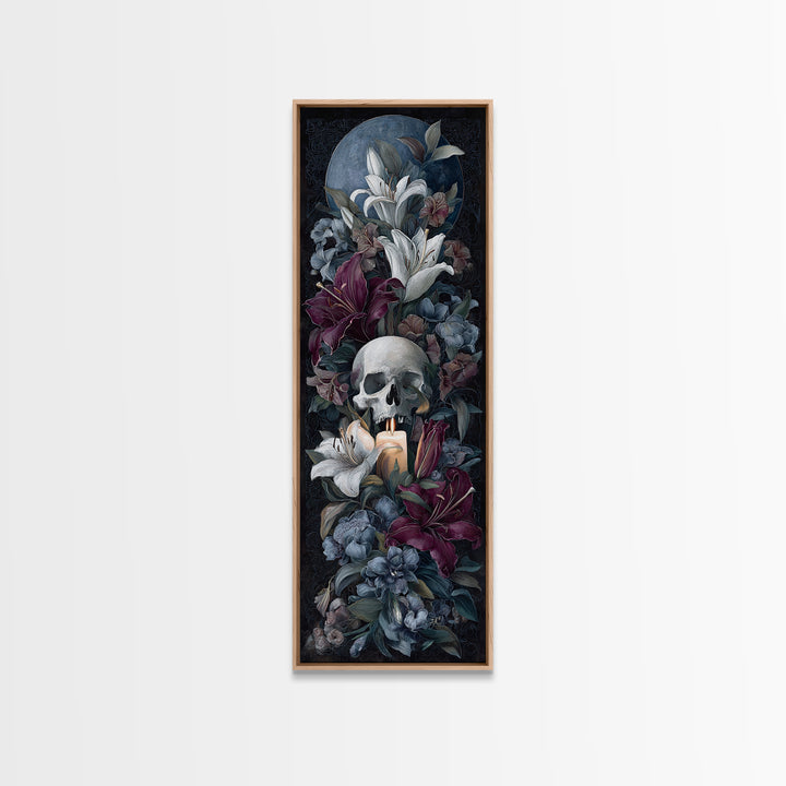 Skull Surrounded by Lilies and Candles Canvas Print, Gothic Art, Halloween Art, Living Room Decor, Gothic, Neutral Decor, GOT-1x3-89