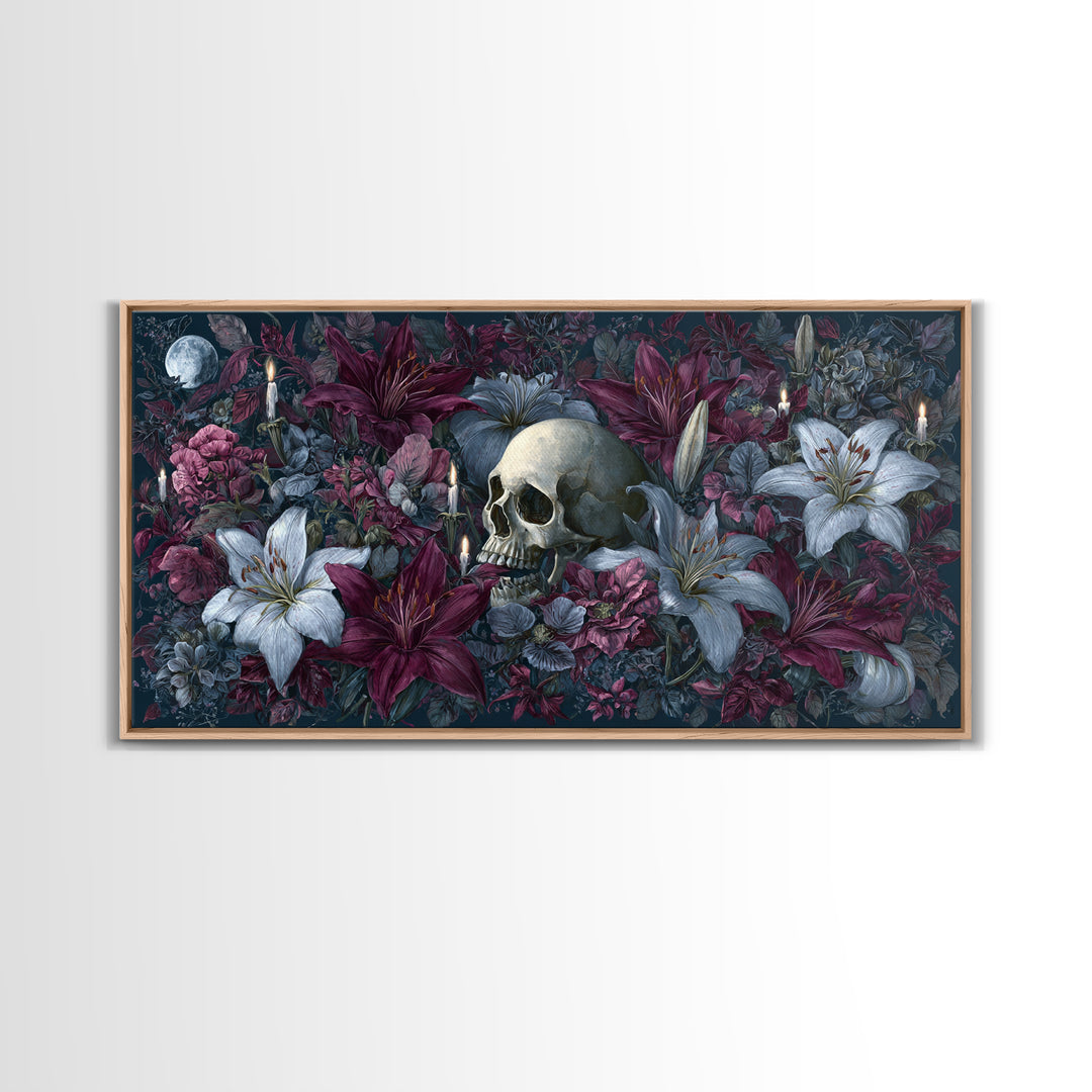 Skull Surrounded by Lilies and Candles Framed Canvas Print, Gothic Art, Home Decor, Living Room Decor, Fine Art, Gothic, GOT-2x1-1