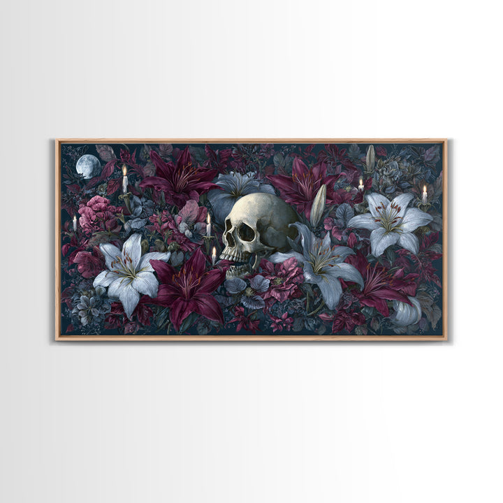 Skull Surrounded by Lilies and Candles Framed Canvas Print, Gothic Art, Home Decor, Living Room Decor, Fine Art, Gothic, GOT-2x1-1