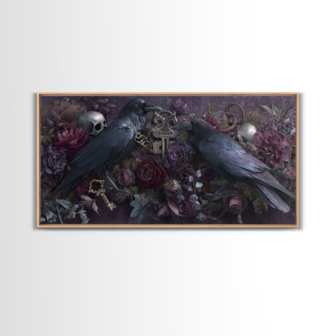 Crow Feathers and Antique Key Still Life Canvas Print, Gothic Art, Contemporary Art, Living Room Decor, Oil Painting, Gothic, GOT-2x1-32