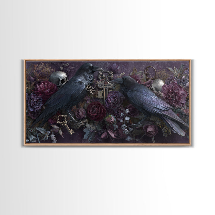 Crow Feathers and Antique Key Still Life Canvas Print, Gothic Art, Contemporary Art, Living Room Decor, Oil Painting, Gothic, GOT-2x1-32