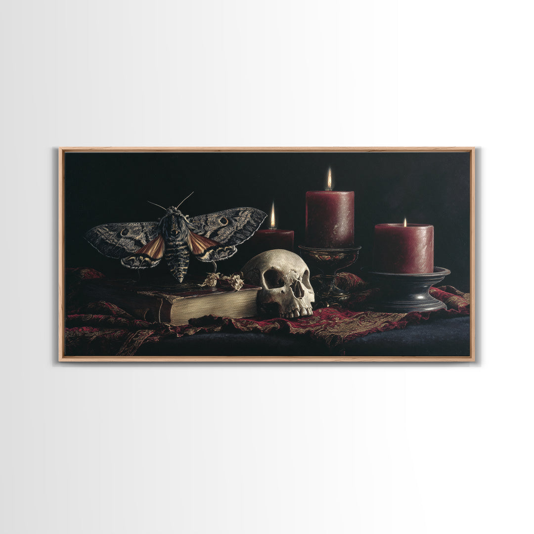Moth and Skull Composition on Black Velvet Framed Canvas Print, Gothic Art, Halloween Art, Living Room Decor, Watercolor Art, GOT-2x1-59