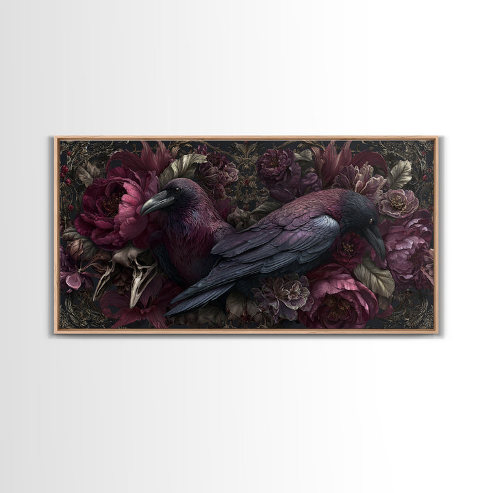 Raven Feathers Arranged Like a Halo Canvas Print, Gothic Art, Textured Painting, Living Room Decor, Watercolor Art, Gothic, GOT-2x1-66