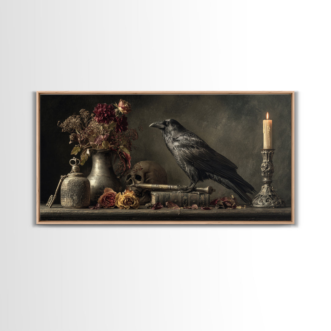 Crow Feathers and Antique Key Still Life Framed Canvas Print, Gothic Art, Dark Academia Decor, Living Room Decor, Gothic, GOT-2x1-80