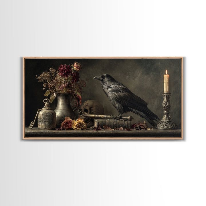 Crow Feathers and Antique Key Still Life Framed Canvas Print, Gothic Art, Dark Academia Decor, Living Room Decor, Gothic, GOT-2x1-80