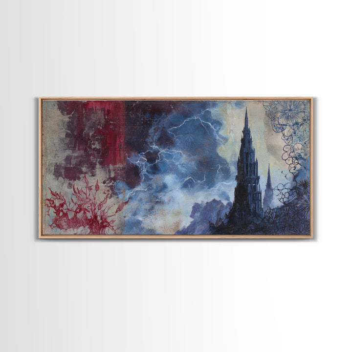 Cathedral Spire Beneath Lightning Clouds Canvas Print, Gothic Art, Wall Art, Living Room Decor, Gothic, Canvas Tote Bag, GOT-2x1-82