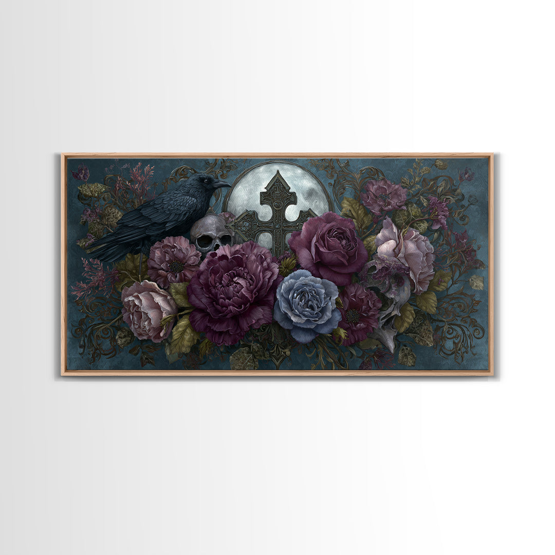 Ornate Cross and Roses Dramatic Still Life Framed Canvas Print, Gothic Art, Canvas Tote Bag, Living Room Decor, Gothic, GOT-2x1-88