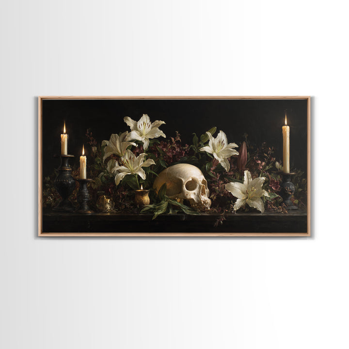 Skull Surrounded by Lilies and Candles Framed Canvas Print, Gothic Art, Canvas Tote Bag, Living Room Decor, Fine Art, Gothic, GOT-2x1-97