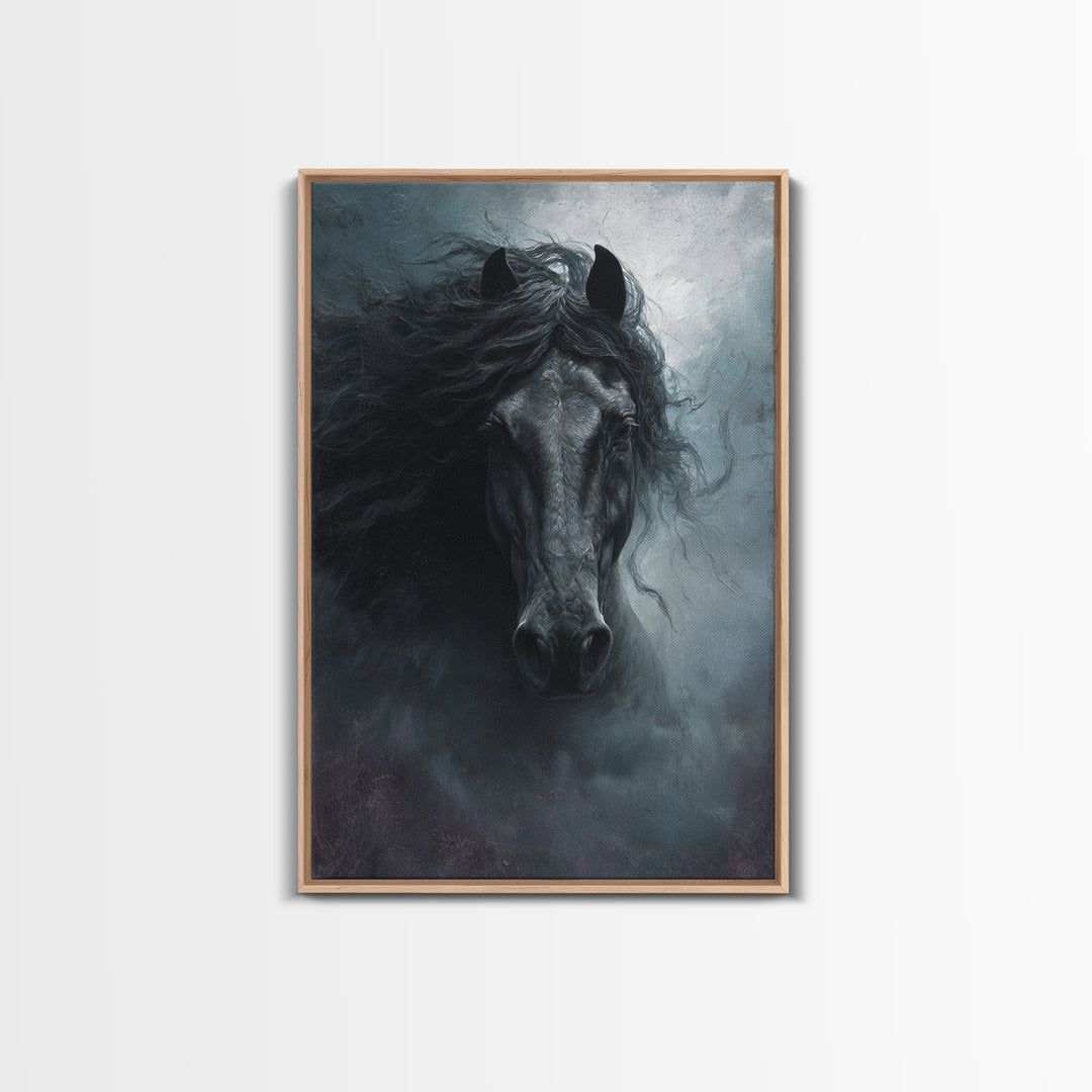 Black Horse with Flowing Mane in Fog Framed Canvas Print, Gothic Art, Wall Art, Living Room Decor, Gothic, Canvas Tote Bag, GOT-2x3-1