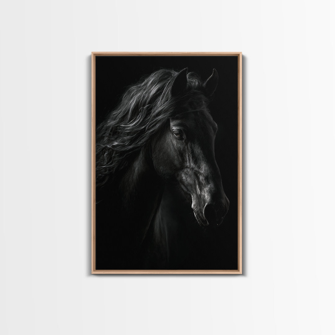 Black Horse with Flowing Mane in Fog Framed Canvas Print, Gothic Art, Wall Art, Living Room Decor, Gothic, Canvas Tote Bag, GOT-2x3-25
