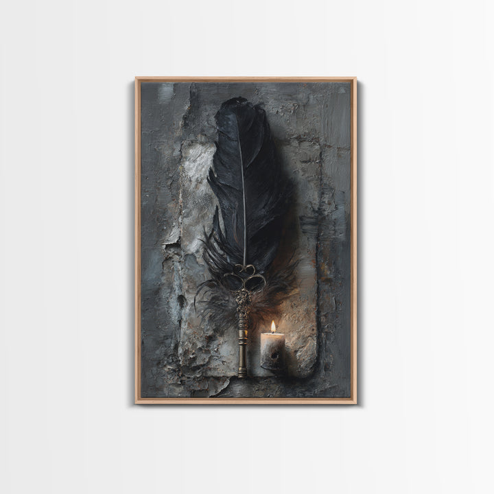 Crow Feathers and Antique Key Still Life Framed Canvas Print, Gothic Art, Black and White Art, Living Room Decor, GOT-2x3-44