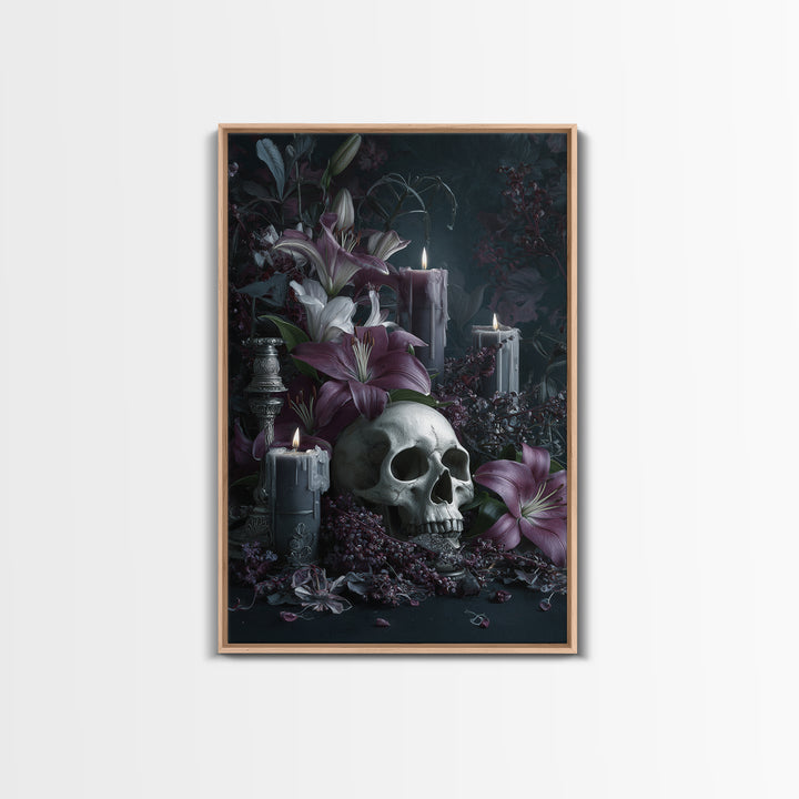 Skull Surrounded by Lilies and Candles Canvas Print, Gothic Art, Original Painting, Living Room Decor, Fine Art, Gothic, GOT-2x3-61