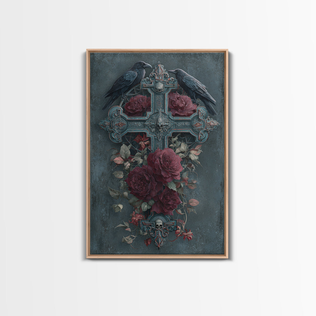 Ornate Cross and Roses Dramatic Still Life Framed Canvas Print, Gothic Art, Printable Art, Living Room Decor, Fine Art, Gothic, GOT-2x3-76