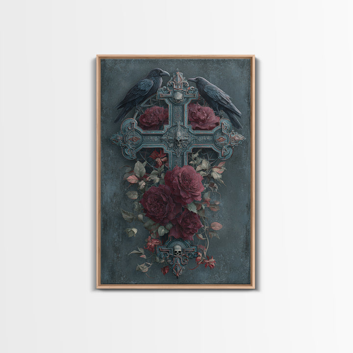 Ornate Cross and Roses Dramatic Still Life Framed Canvas Print, Gothic Art, Printable Art, Living Room Decor, Fine Art, Gothic, GOT-2x3-76