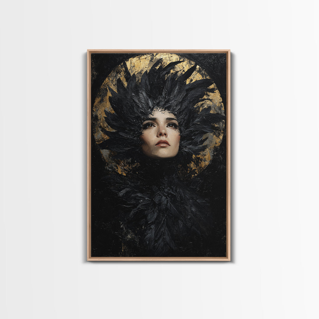 Raven Feathers Arranged Like a Halo Framed Canvas Print, Gothic Art, Art Prints, Living Room Decor, Fine Art, Gothic, GOT-2x3-78