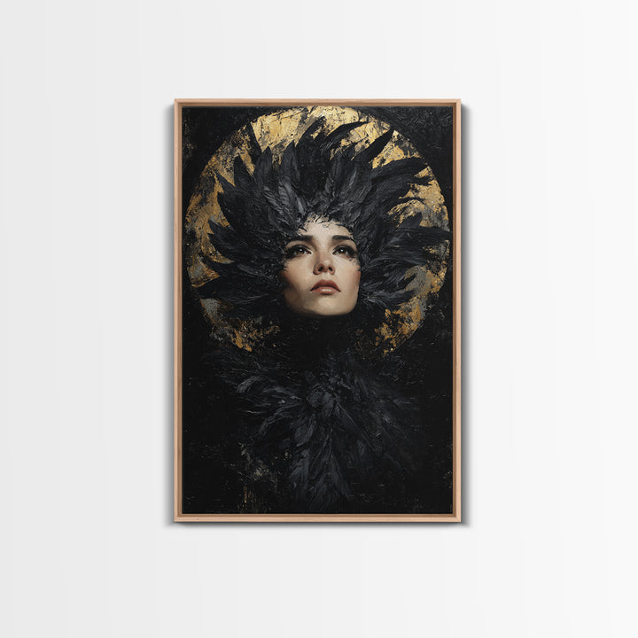 Raven Feathers Arranged Like a Halo Framed Canvas Print, Gothic Art, Art Prints, Living Room Decor, Fine Art, Gothic, GOT-2x3-78
