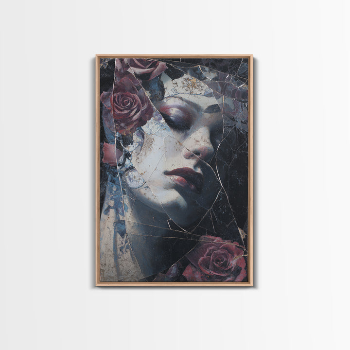 Cracked Mirror Reflecting Moon and Roses Canvas Print, Gothic Art, Poster, Living Room Decor, Fine Art, Gothic, Witchy Decor, GOT-2x3-79