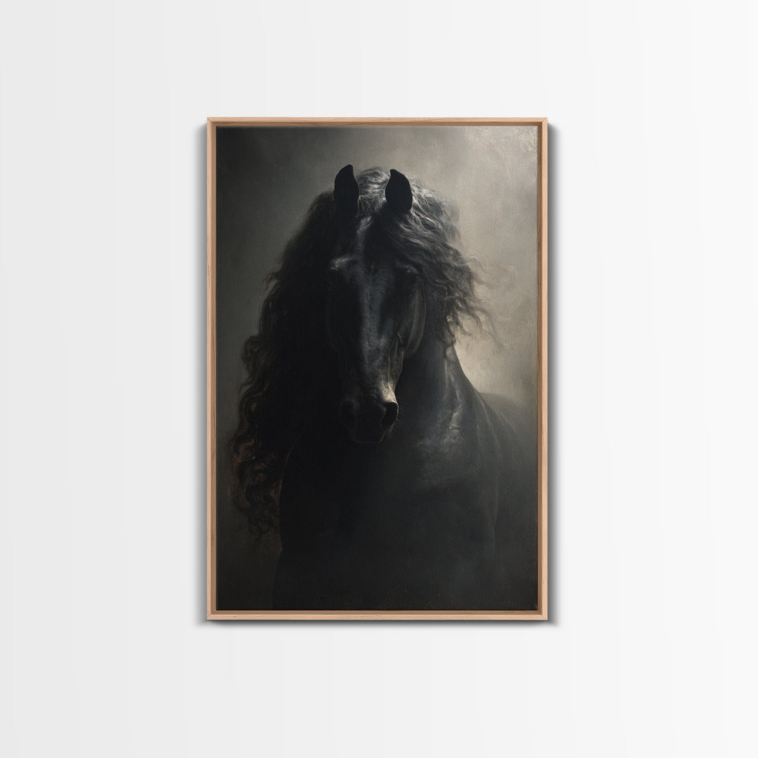 Black Horse with Flowing Mane in Fog Framed Canvas Print, Gothic Art, Art Nouveau, Living Room Decor, Fine Art, Gothic, GOT-2x3-97