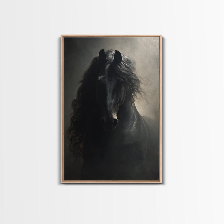 Black Horse with Flowing Mane in Fog Framed Canvas Print, Gothic Art, Art Nouveau, Living Room Decor, Fine Art, Gothic, GOT-2x3-97