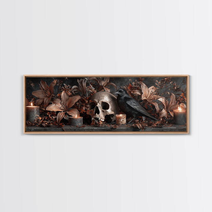 Skull Surrounded by Lilies and Candles Canvas Print, Gothic Art, Gothic Wall Art, Living Room Decor, Fine Art, Gothic, GOT-3x1-21