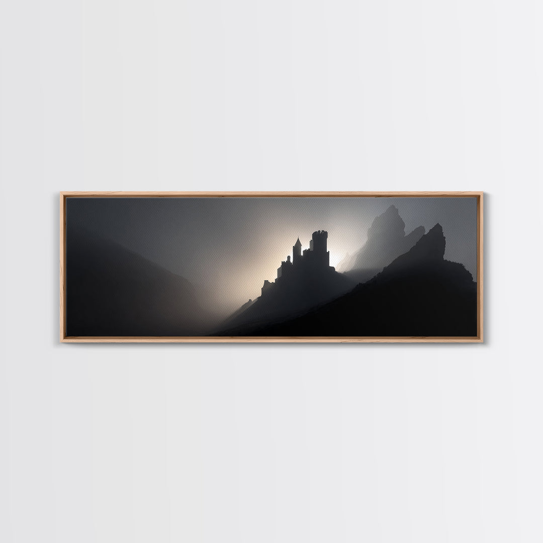 Stormy Castle Silhouette on Jagged Cliffs Canvas Print, Gothic Art, Boho Decor, Living Room Decor, Abstract Art, Gothic, GOT-3x1-22