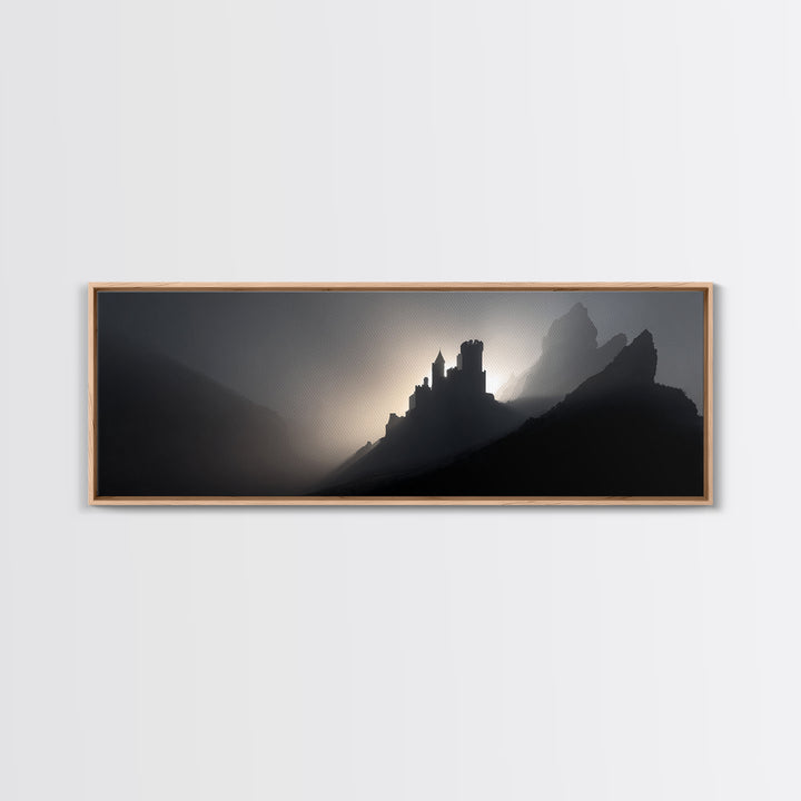 Stormy Castle Silhouette on Jagged Cliffs Canvas Print, Gothic Art, Boho Decor, Living Room Decor, Abstract Art, Gothic, GOT-3x1-22