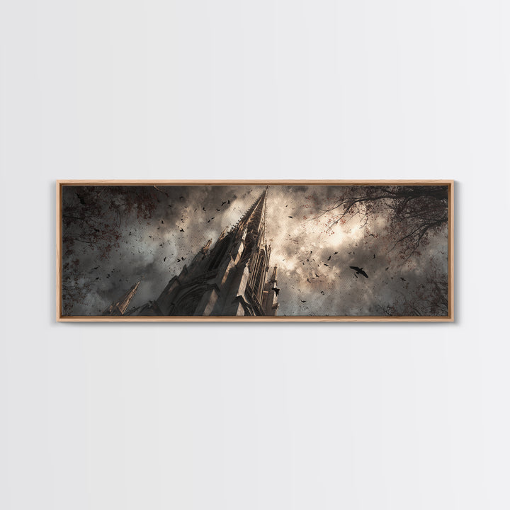 Cathedral Spire Beneath Lightning Clouds Canvas Print, Gothic Art, Wall Art, Living Room Decor, Gothic, Canvas Tote Bag, GOT-3x1-30