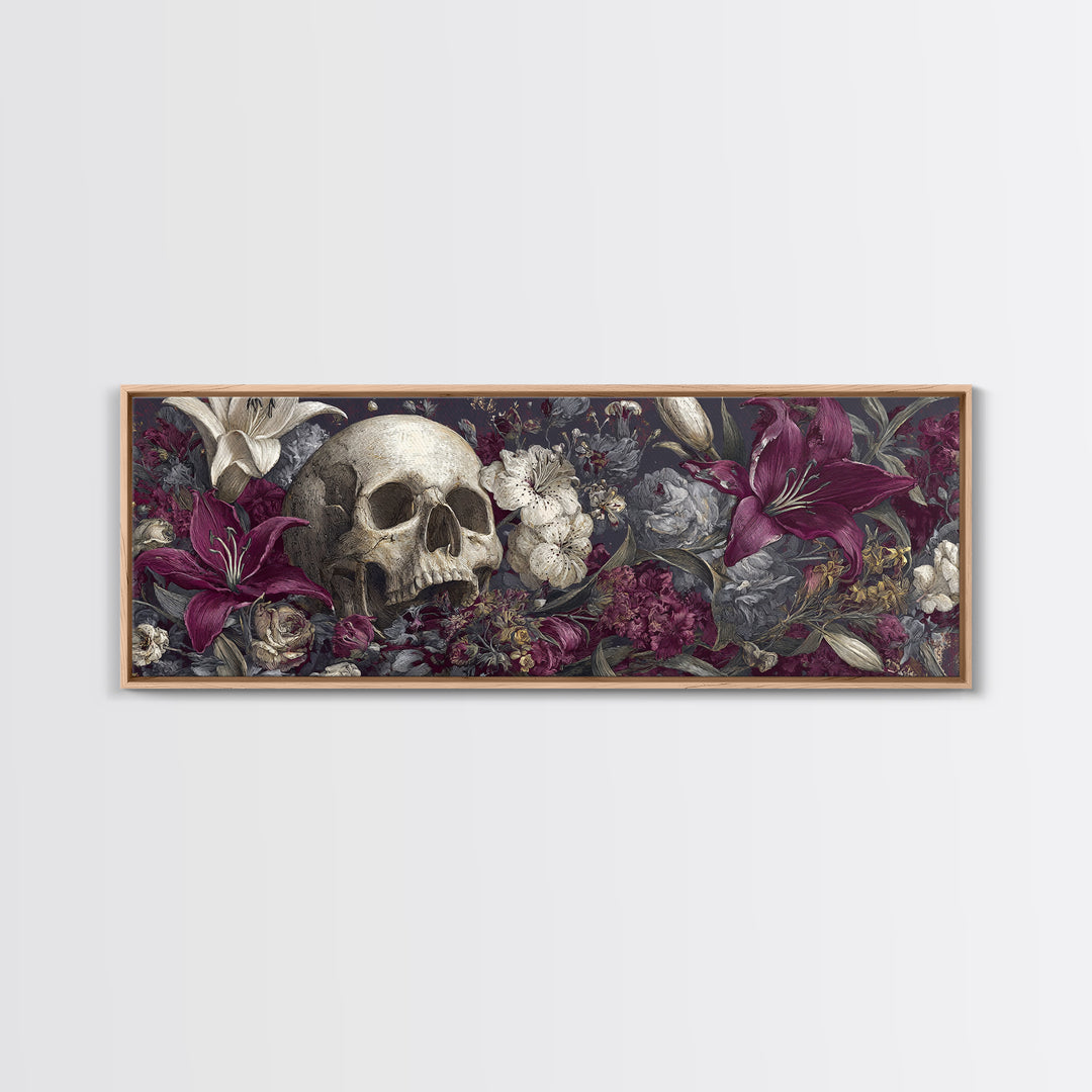 Skull Surrounded by Lilies and Candles Canvas Print, Gothic Art, Gothic Wall Art, Living Room Decor, Fine Art, Gothic, GOT-3x1-45