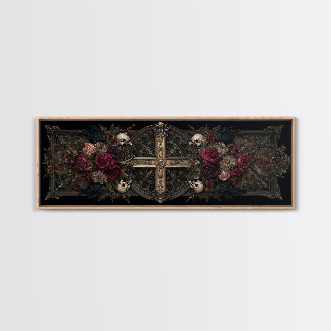 Ornate Cross and Roses Dramatic Still Life Framed Canvas Print, Gothic Art, Halloween Decor, Living Room Decor, Gothic, GOT-3x1-84