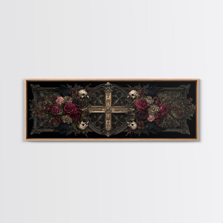 Ornate Cross and Roses Dramatic Still Life Framed Canvas Print, Gothic Art, Halloween Decor, Living Room Decor, Gothic, GOT-3x1-84