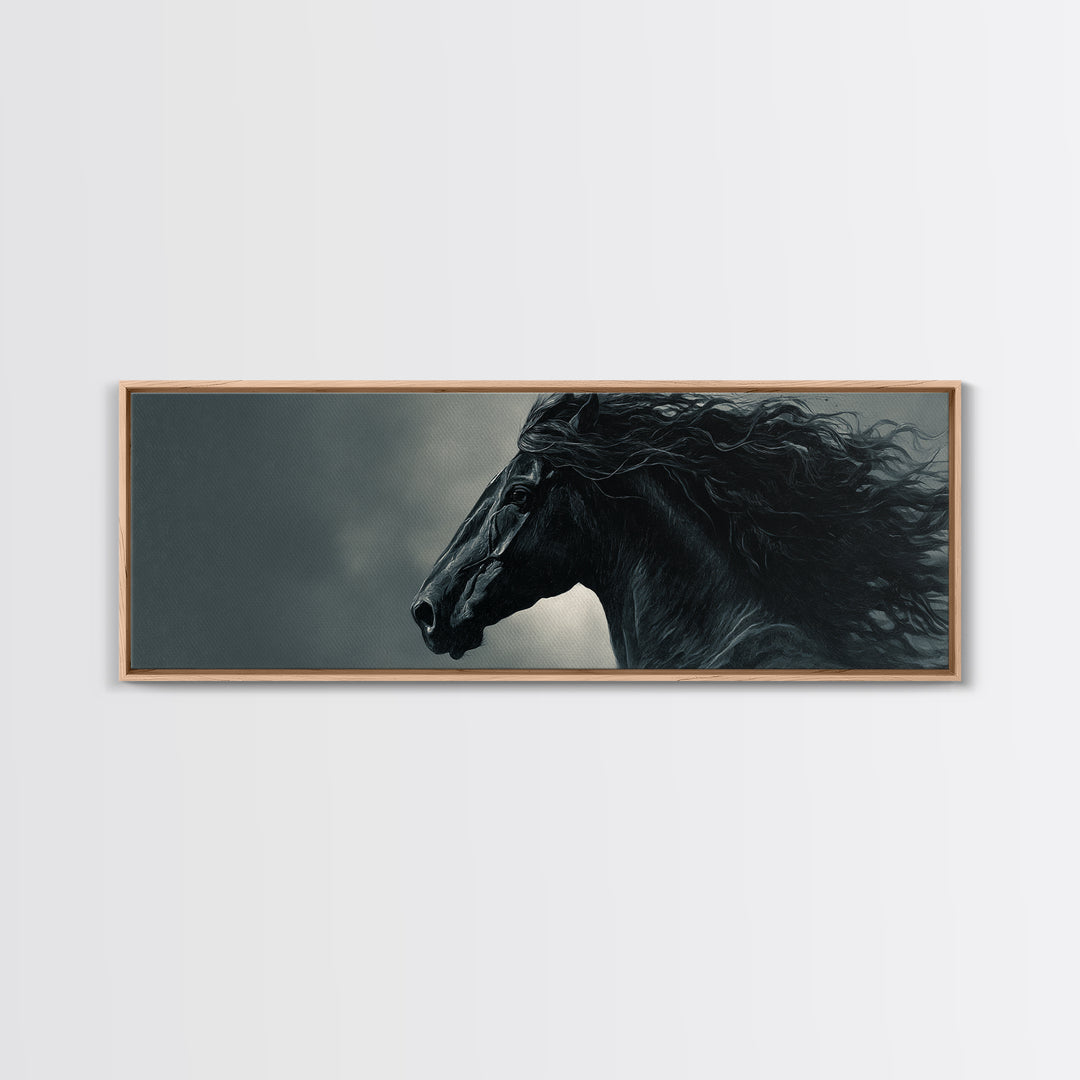 Black Horse with Flowing Mane in Fog Framed Canvas Print, Gothic Art, Gothic Decor, Living Room Decor, Fine Art, Gothic, GOT-3x1-9