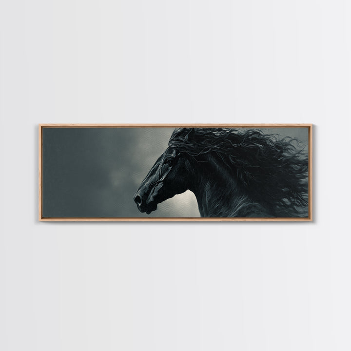 Black Horse with Flowing Mane in Fog Framed Canvas Print, Gothic Art, Gothic Decor, Living Room Decor, Fine Art, Gothic, GOT-3x1-9
