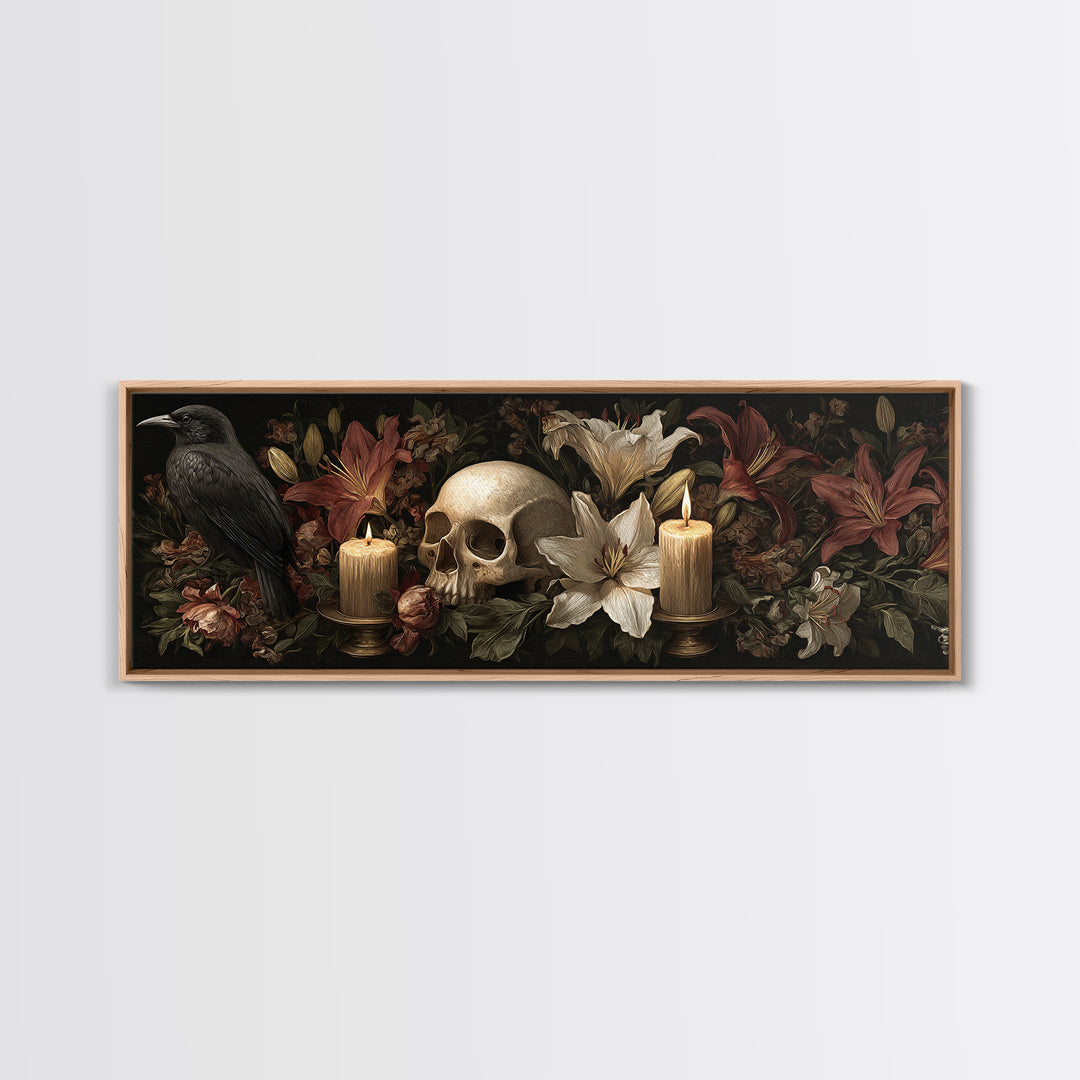 Skull Surrounded by Lilies and Candles Canvas Print, Gothic Art, Witchy Home Decor, Living Room Decor, Fine Art, Gothic, GOT-3x1-93