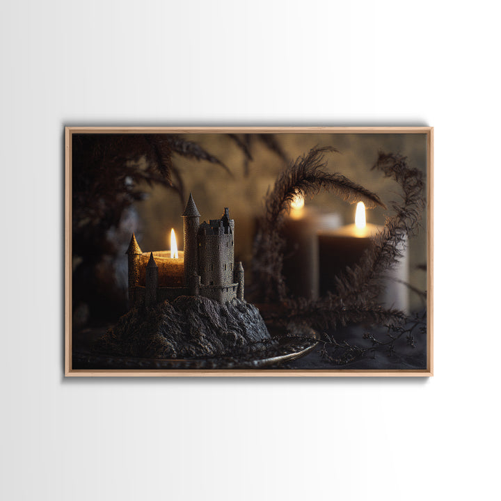Stormy Castle Silhouette on Jagged Cliffs Framed Canvas Print, Gothic Art, Art Nouveau, Living Room Decor, Fine Art, Gothic, GOT-3x2-10