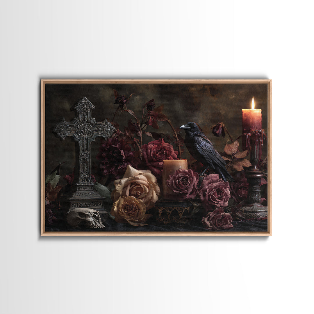 Ornate Cross and Roses Dramatic Still Life Framed Canvas Print, Gothic Art, Printable Art, Living Room Decor, Fine Art, Gothic, GOT-3x2-24