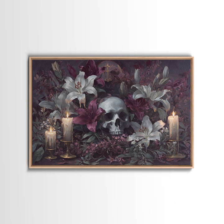 Skull Surrounded by Lilies and Candles Canvas Print, Gothic Art, Halloween Art, Living Room Decor, Gothic, Neutral Decor, GOT-3x2-33