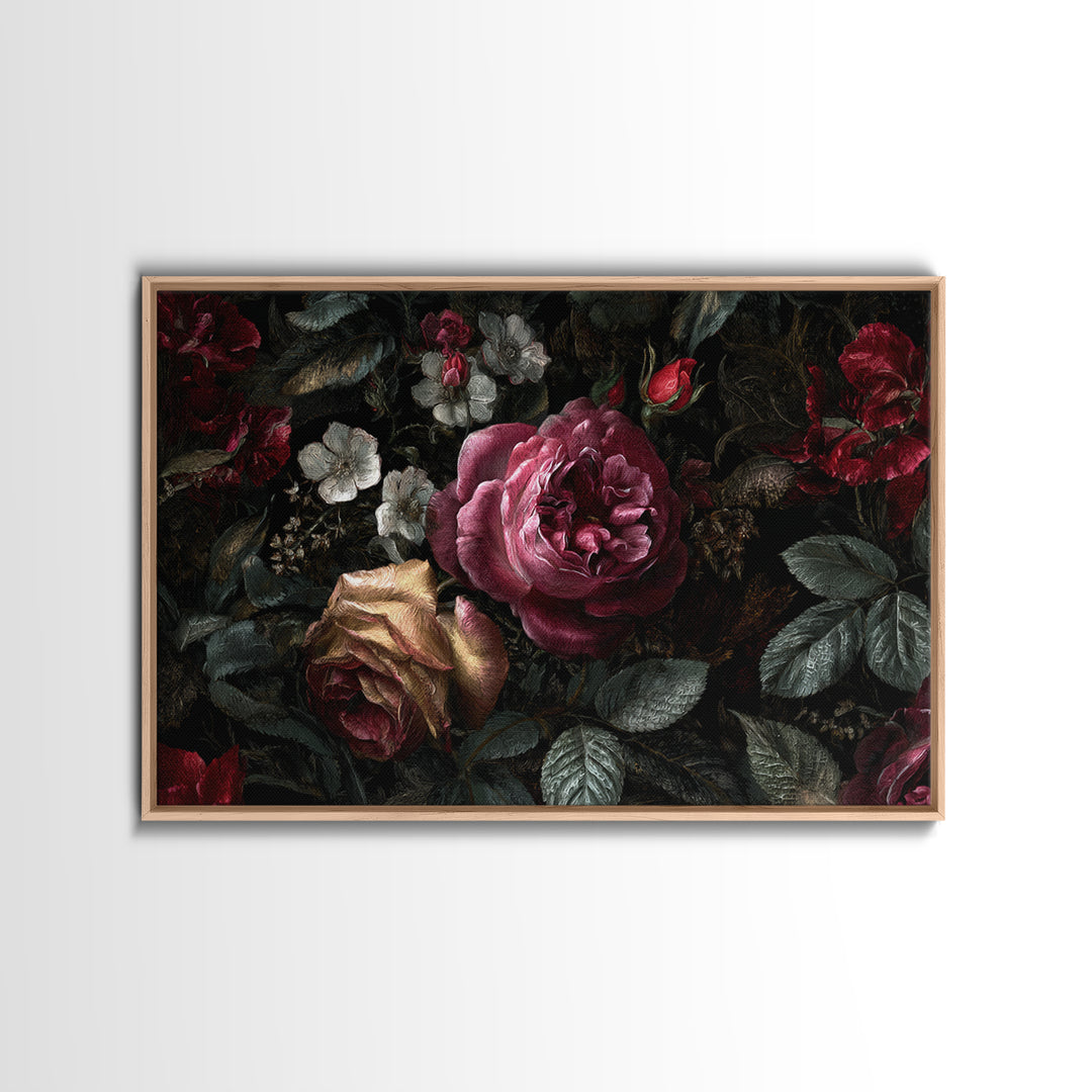 Dark Floral Wallpaper Pattern Framed Canvas Print, Gothic Art, Canvas Painting, Living Room Decor, Gothic, Fine Art Print, GOT-3x2-41