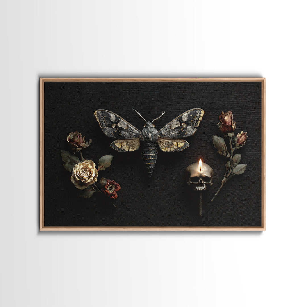 Moth and Skull Composition on Black Velvet Canvas Print, Gothic Art, Black and White Art, Living Room Decor, Abstract Art, GOT-3x2-43