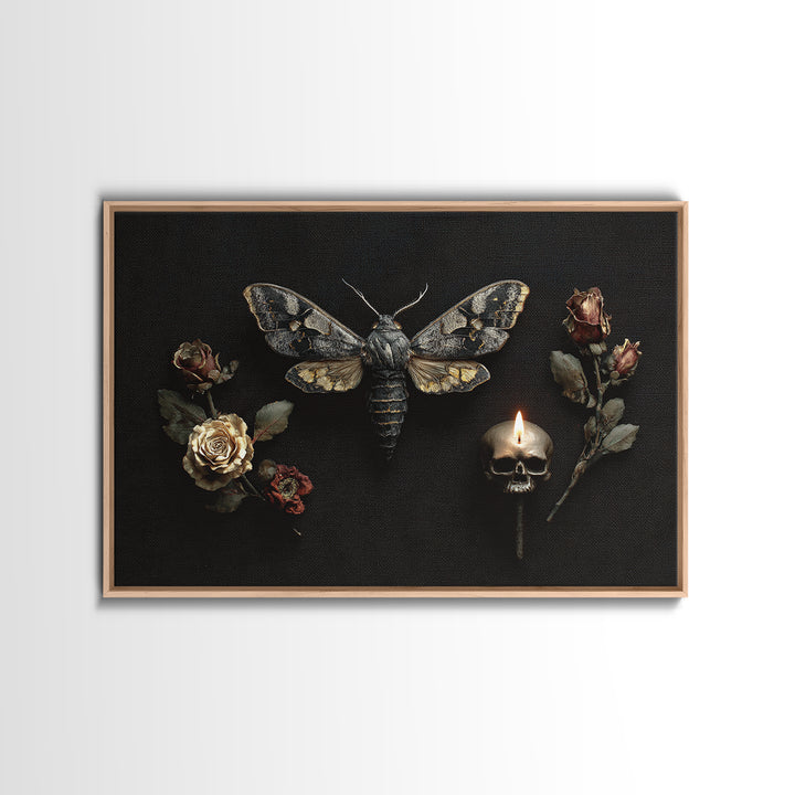Moth and Skull Composition on Black Velvet Canvas Print, Gothic Art, Black and White Art, Living Room Decor, Abstract Art, GOT-3x2-43