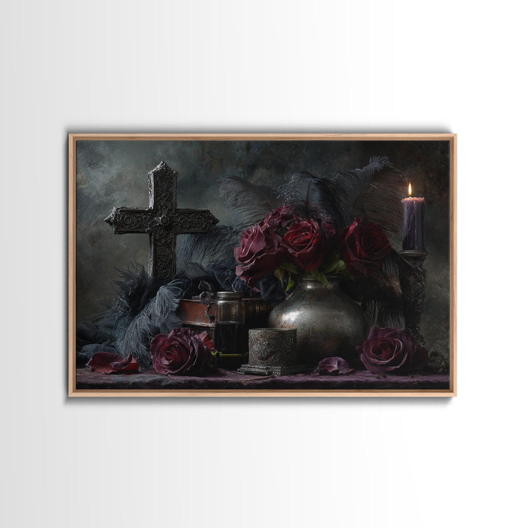 Ornate Cross and Roses Dramatic Still Life Canvas Print, Gothic Art, Living Room Decor, Fine Art, Gothic, Modern Decor, GOT-3x2-48