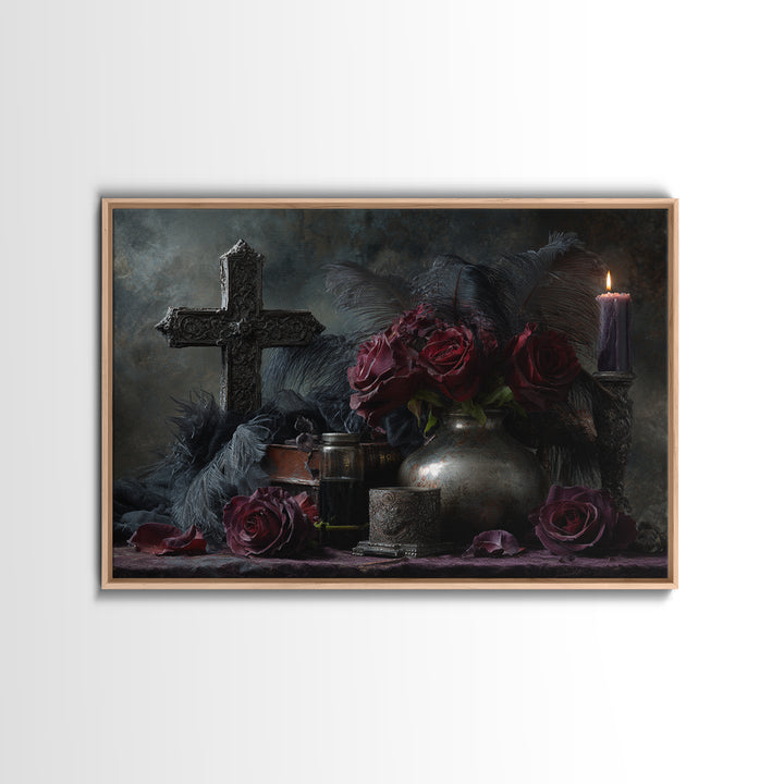 Ornate Cross and Roses Dramatic Still Life Canvas Print, Gothic Art, Living Room Decor, Fine Art, Gothic, Modern Decor, GOT-3x2-48