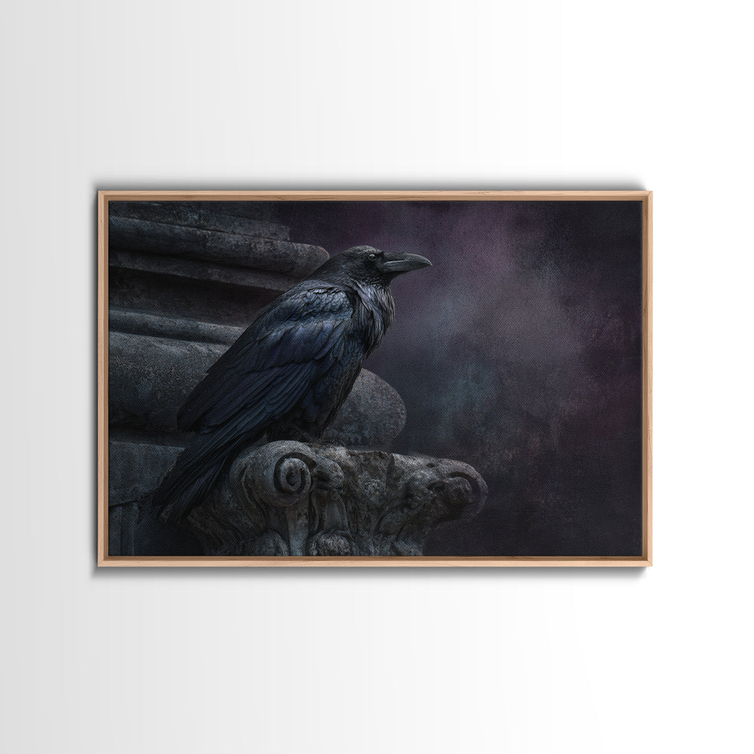 Raven on a Cathedral Gargoyle Framed Canvas Print, Gothic Art, Moody Wall Art, Living Room Decor, Fine Art, Gothic, Wall Decor, GOT-3x2-5