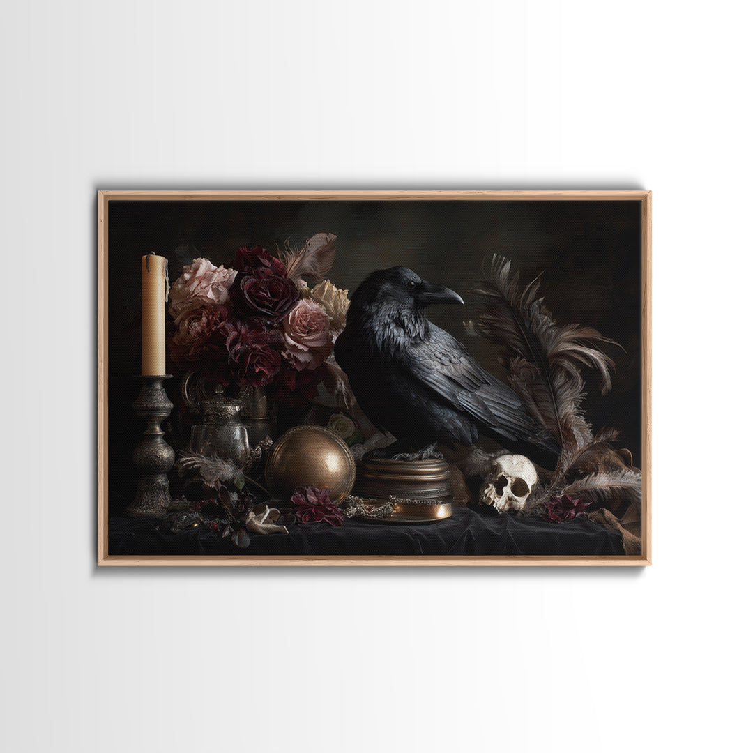 Raven Feathers Arranged Like a Halo Framed Canvas Print, Gothic Art, Printable Art, Living Room Decor, Oil Painting, Gothic, GOT-3x2-50